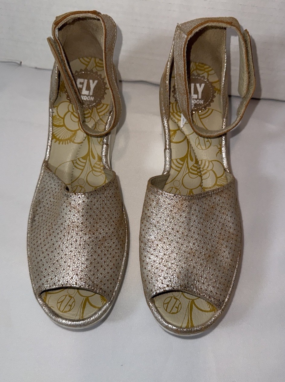 Fly London Yake Sandals Shoes Womens Size 8-8.5 US Gold Leather Strappy