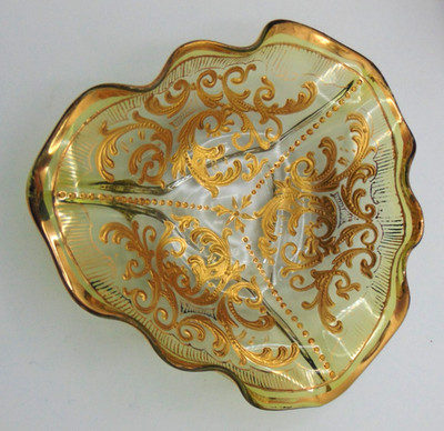 Bohemian Moser Green Chartreuse Hand Painted Gold Rocaille Art Glass Tri Bowl