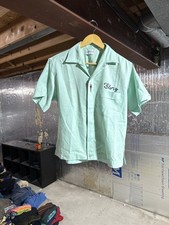 Vintage 1960s Blue Chain Stitched Hilton Bowling Shirt Loop Collar S