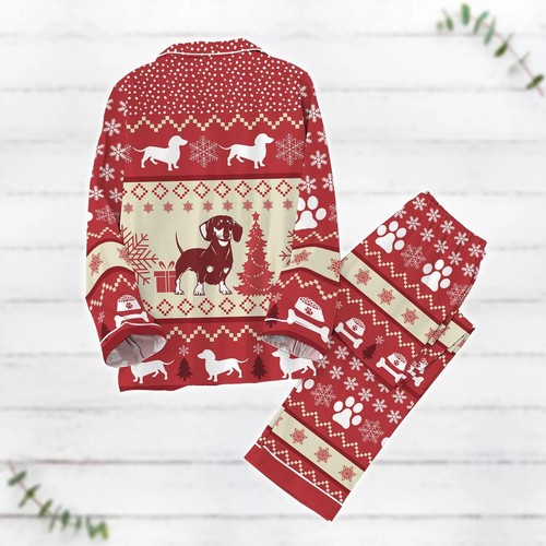 Weihnachten Dackel Pyjama Set, Luxus Seide Pyjama weiche Nachtwäsche für Damen - Bild 2 von 7