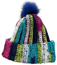 Crochet Ribbed Beanie With Faux Fur Pom Pom - Adult Size Jazz Stripe