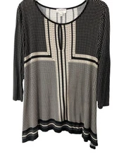 Max Studio Top Womens M Black Tan Geo Print Keyhole Neckline Long Sleeve Blouse