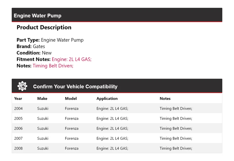 Para Suzuki Forenza 2004-2008 2L L4 Motor Gas Bomba Agua Puertas 2005 2006 2007 Foto 2 de 4