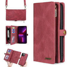 Zipper Men/Women Leather Removable Card Wallet Shoulder Handbag Phone Case Cover