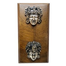 Vintage Mayan Silver Plate Gods Sculptural Wall Plaque Smiling Faces Teotihuacan