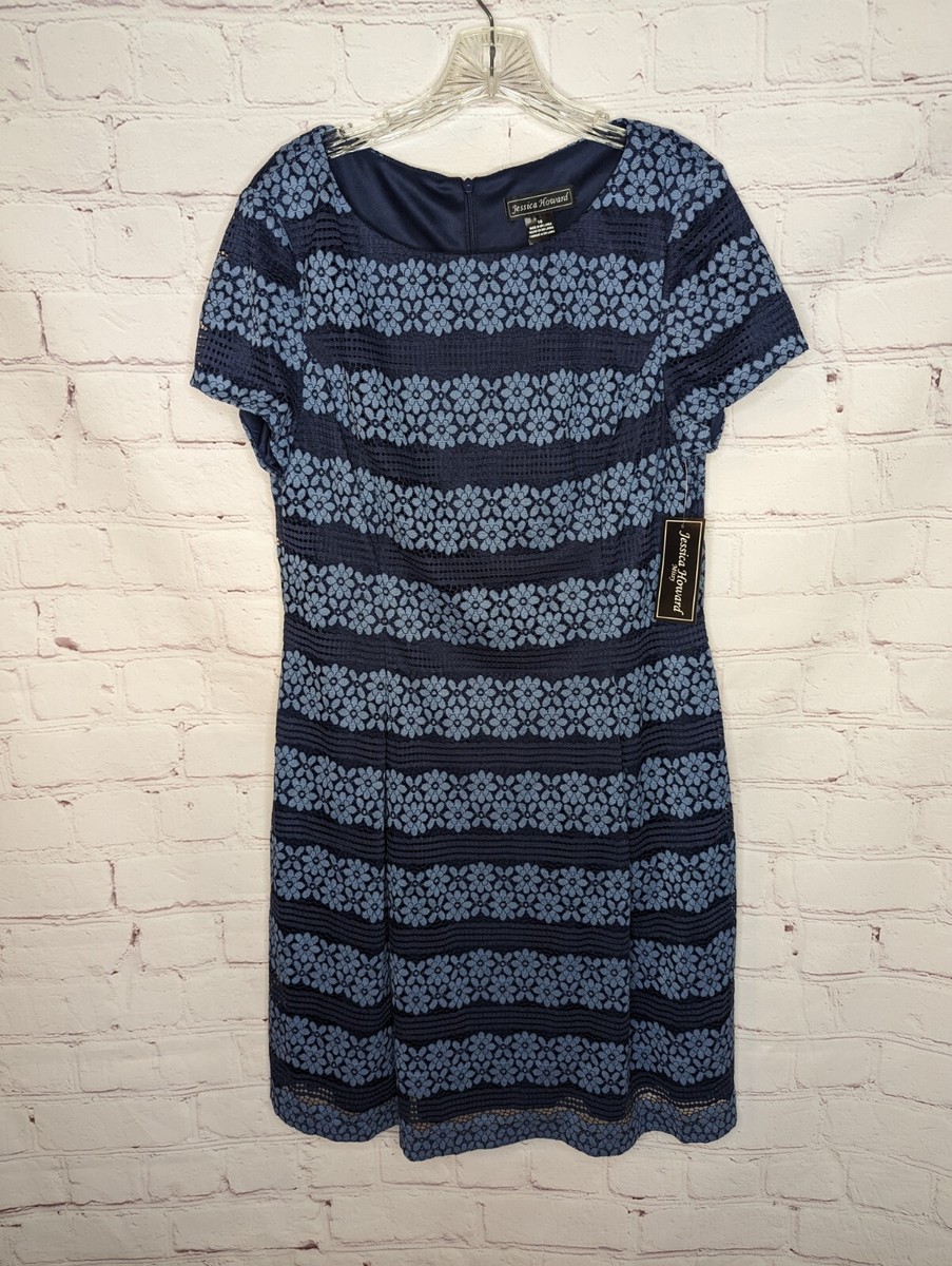 Jessica Howard Navy/Blue 2 Tone Stripe Lace Fit And Flare Dress