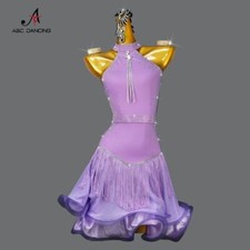 Purple Latin Dance Tassel Costume Women Backless Short Skirts Ballroom Wear