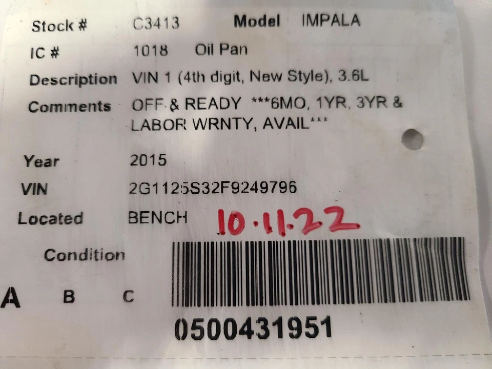 Used Engine Oil Pan fits: 2015 Chevrolet Impala  Grade A Foto 3 de 4