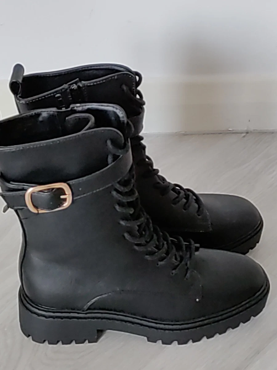 Primark Ladies Black Buckle Decor Lace up Front Combat Boots UK Size 7