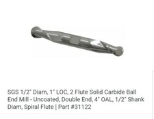 31122. SGS. Kyocera 2Fl Spiral, solid carbide, double end, ball end mill.