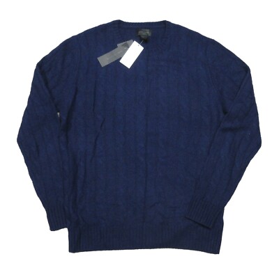 Magaschoni Men's Blue Navy Cable Knit 100% Cashmere Crew