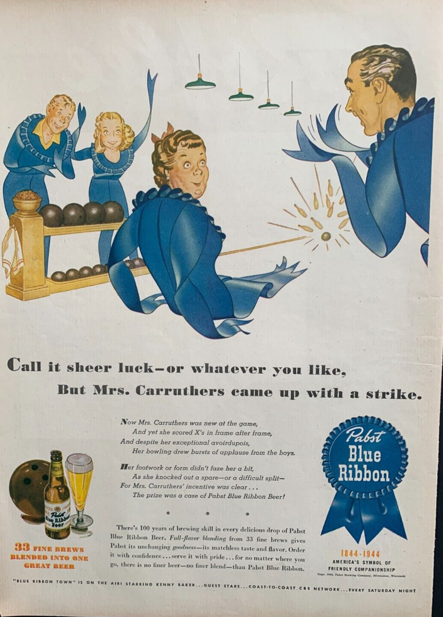1944 Pabst Blue Ribbon Beer Print Ad Cartoon Bowlers | eBay