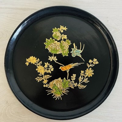 Vtg Italian Florentine Hand Painted Gilded Wood Plaque Birds & Flowers MCM