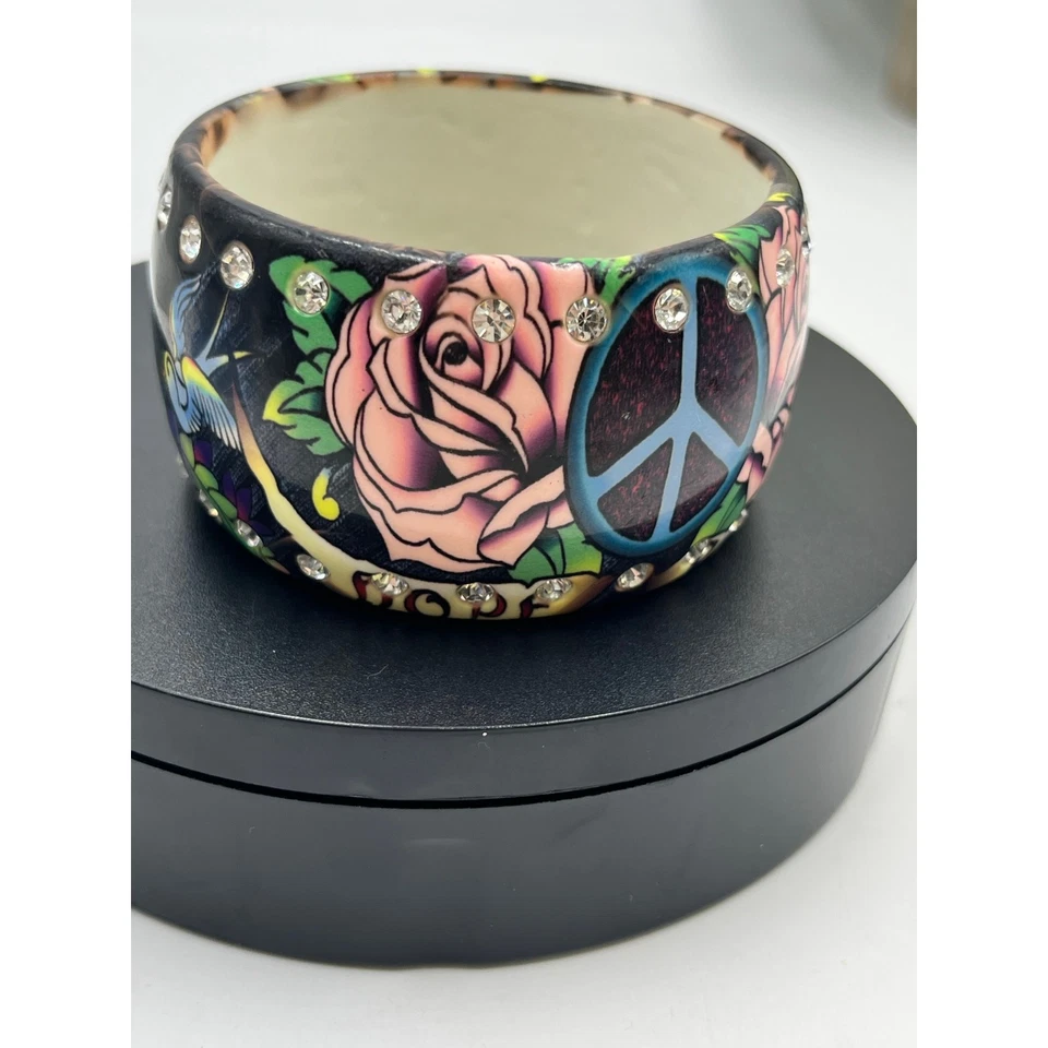 Brazalete Brazalete Ed Hardy Vintage Rosas Amor Paz Tatuaje Estrás Lucita Foto 4 de 4