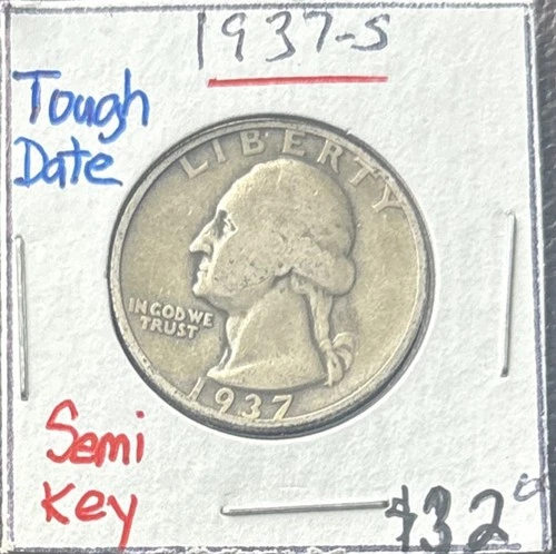 1937 -S Washington Silver Quarter Look VG+ Very Good+ Shows Rotation