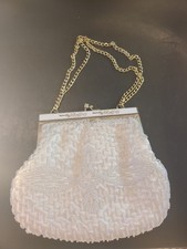Beautiful Vtg Ivory Beaded Purse Made In Hong Kong 50s Gold Colored Hardware