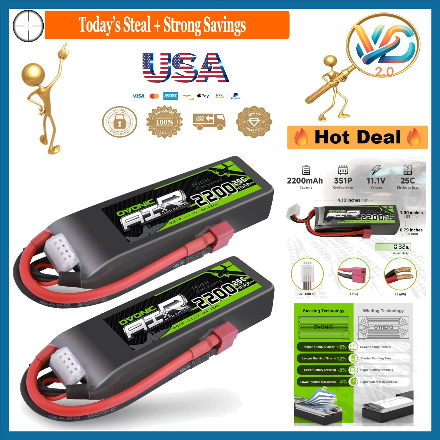 2 Pack 2200mAh 11.1V 3S Lithium Polymer Lipo Battery with Dean Plug
