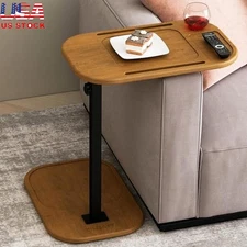 C Shaped End Table Adjustable Height Compact Side Table W/ Storage Slots Brown