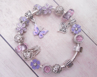 PANDORA SILVER CHARM BRACELET WITH PURPLE BUTTERFLY CRYSTAL CHARMS & GIFT BOX!