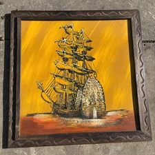 Vintage Lg Framed Original Brutalist Abstract Ship Textured Oil Painting 28x28”