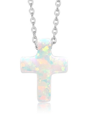 Unisex 12MM Created Opal Cross Pendant Necklace | 925 Sterling Silver  | With