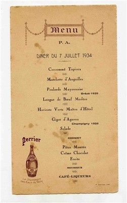 Perrier Le Champagne des Eau de Table French Restaurant Menu Card 1934