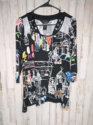Ali Miles Women's Abstract Print Tunic Top Sz Petite Medium Black  AOP Fashion