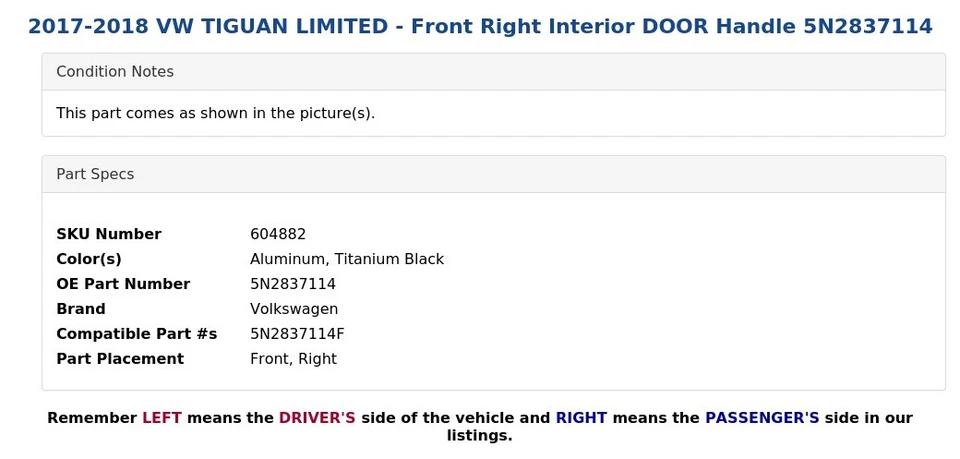 VW TIGUAN LIMITED 2017-2018 - Manija de puerta interior delantera derecha 5N2837114 Foto 4 de 4