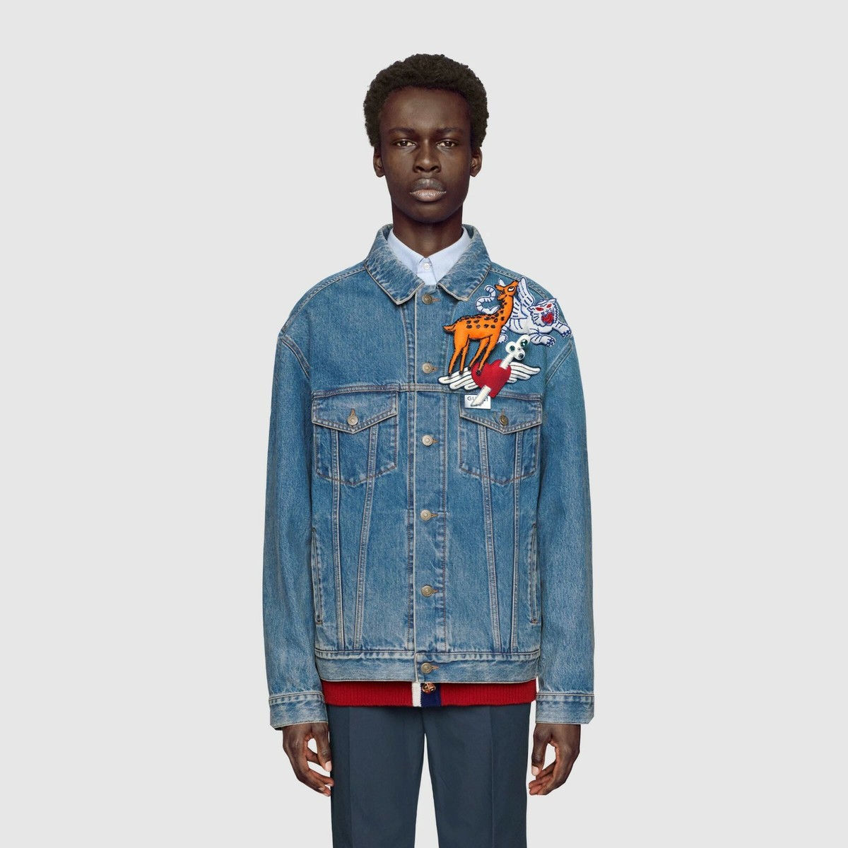 GUCCI sz IT 50 US L Mens Blue Denim Jacket with Brooches RRP 3200