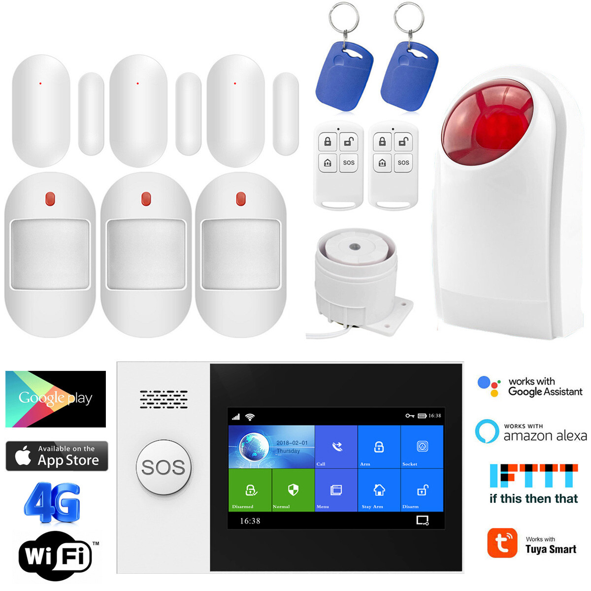 X64 Tuya APP WiFi 4G Wireless Smart Home Security Alarm System+Strobe Light+RFID