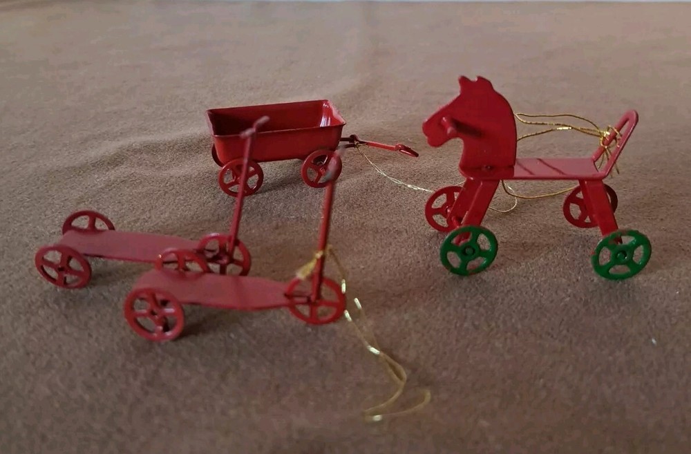 Red Metal Vintage Wagon Scooter Horse Christmas Ornaments