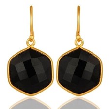 18K Gold Plated Sterling Silver Black Onyx Gemstone Drop Earrings Jewelry