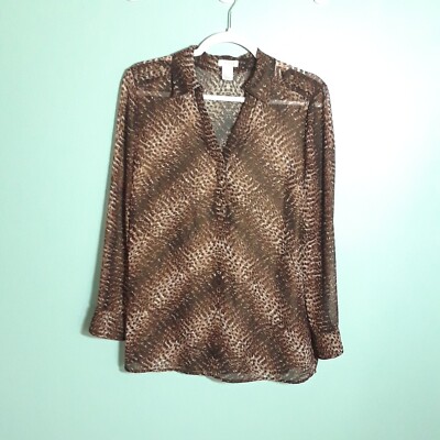 Caché Top Blouse size Small Animal Print Sheer Shimmery Brown Tunic Party Career