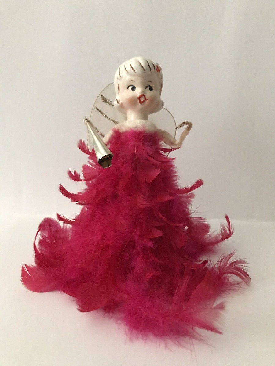 Vtg Christmas Red Feather Angel From 1950's Porcelain Head Horn