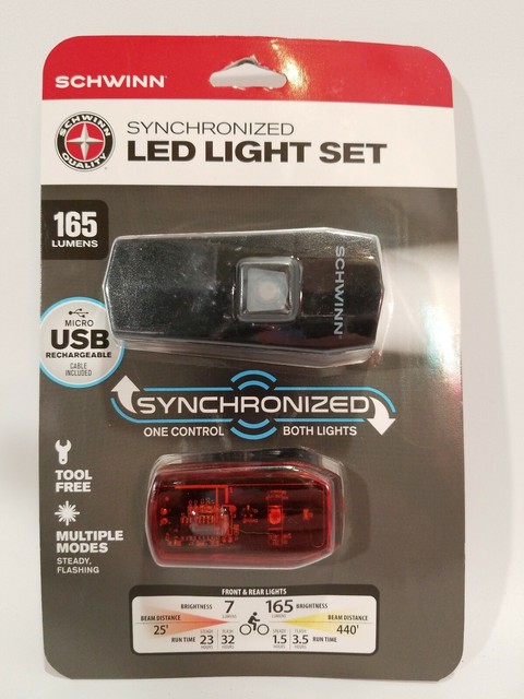 Schwinn Synchronized LED Light Set Rechargeable 165 Lumens Bicycle Bike #sw79777 for sale online 