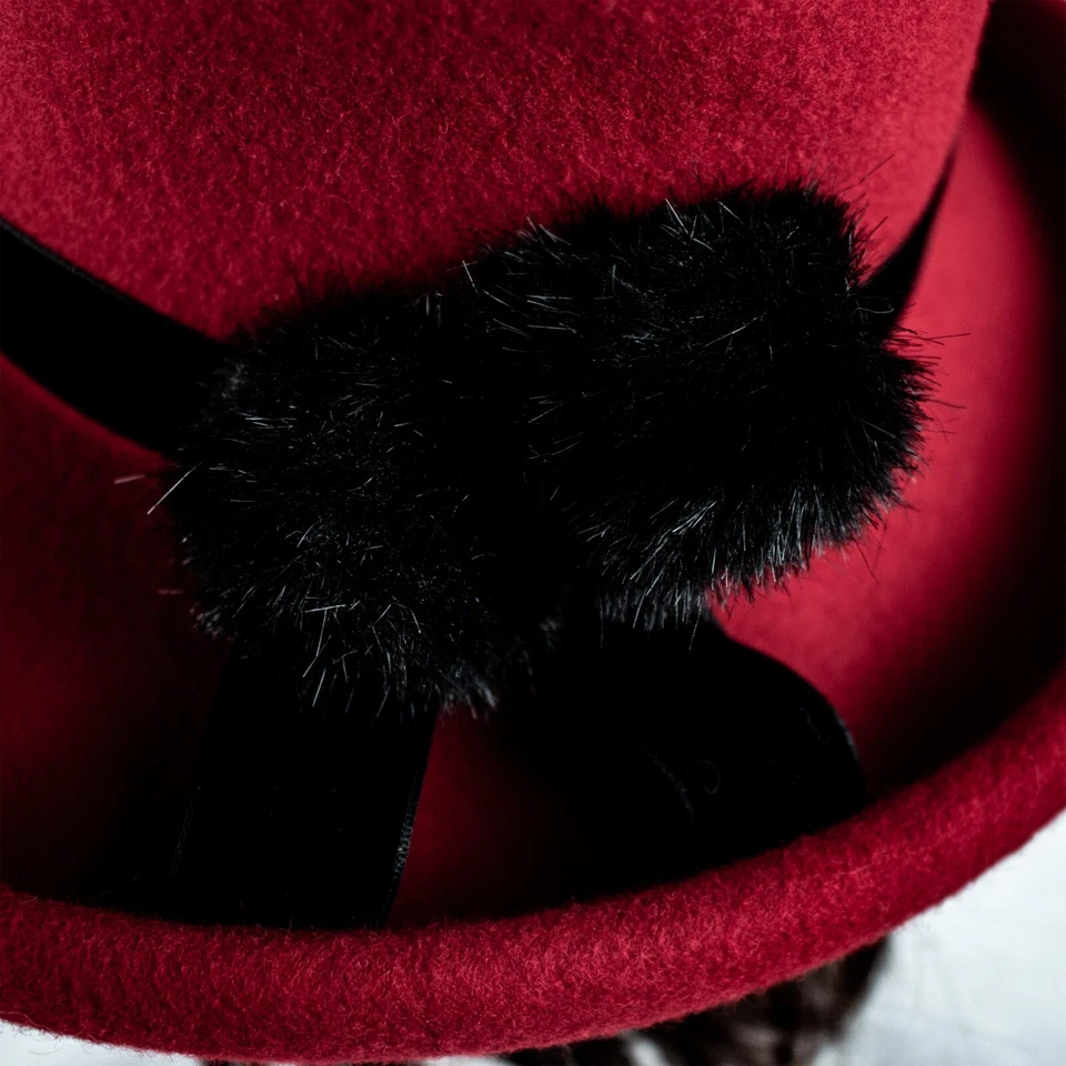 AMANDA SMITH Italy Red Black Velvet Trim Wool Vintage Women Bowler Hat Size M 7 - Image 3 of 4