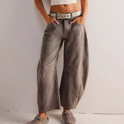 Women Wide Leg Mid Waist Jeans Cropped Mid Rise Barrel Denim Pants Loose Jeans # - Picture 18 of 28