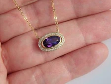 2 Ct Oval Cut Amethyst Diamond Halo Pendant 14K Yellow Gold Finish Free Chain