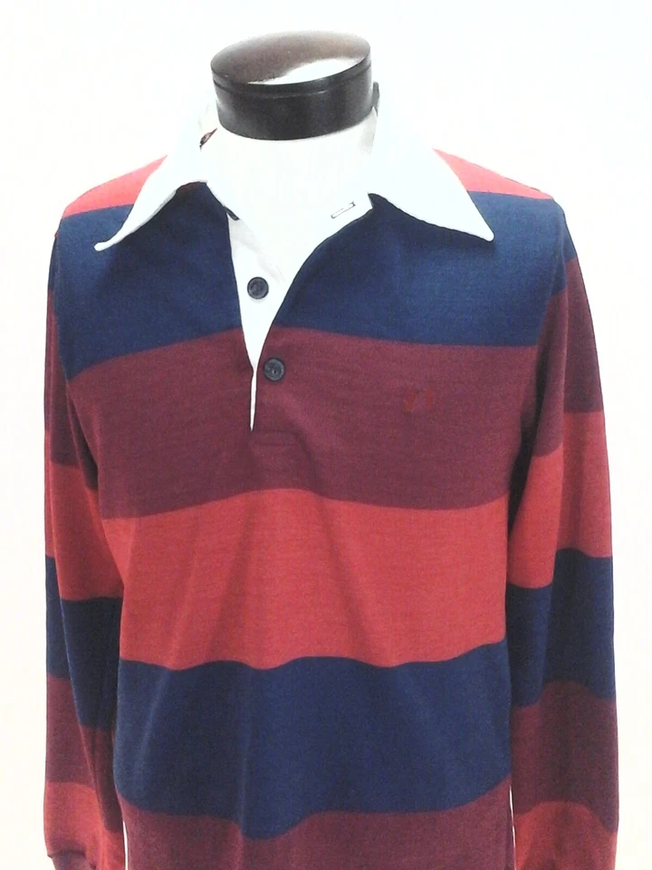 Camisa polo HANG TEN listrada L/S vintage anos 60 anos 70 azul laranja vermelha masculina G RARA - Imagem 3 de 4