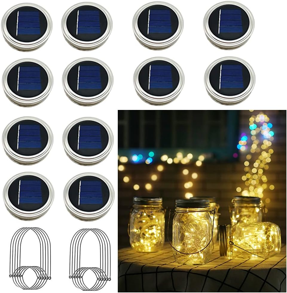 Solar Mason Jar Lights, 12 Pack 30 LED Waterproof Lid Light with Hangers (No Jar