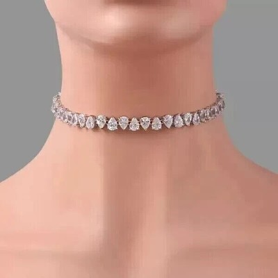 20Ct Pear Cut Lab Created Diamond Tennis Choker Necklace 14K White Gold Plated