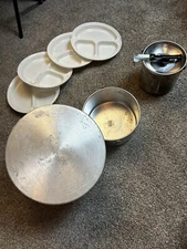 Nested Aluminum Picnic Set Plates Pots Lids Cups Handle Camping RV