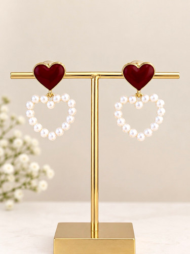 Gold-Tone Red Heart Stud Earrings Faux Pearl Heart Drop Dangle White