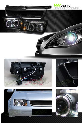 Black LED Halo Projector Headlights Parking+Fog+Mesh Grille For 99-05 Jetta/Mk4 - Picture 2 of 2