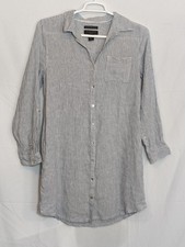 Tahari 100% Flax Linen Blue White Striped  Button Front Shirt Dress Size large