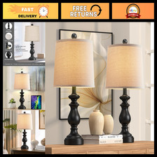 Rustic Farmhouse Table Lamp Set of 2 - Vintage 22" Bedside Desk Lamps, Linen Sha