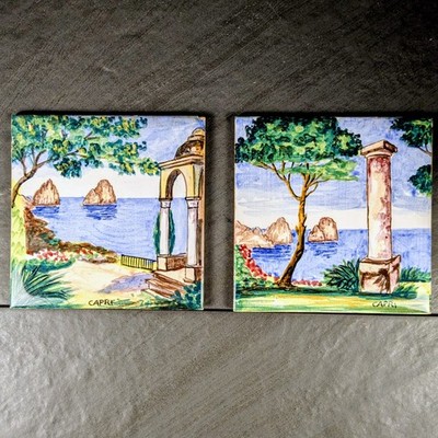 Vintage Marazzi Italy Capri Ceramic Tile Pair 6x6 Scenic Wall Art Read