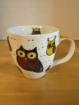 Colorful Owls Coffee Mug Cup Konitz Germany Porcelain Dots Dashes Large 14 oz