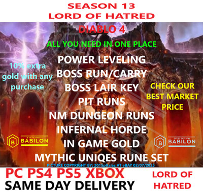 DIABLO 4 SEASON 13 POWER LEVEL PIT BOSS MATTEN RUNE IGG  PC PS4 PS5 XBOX DIABLO IV