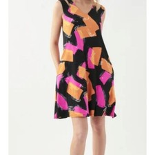 Joseph Ribkoff Black Orange Pink Geometric Sleeveless V-Neck Jersey Swing Dress